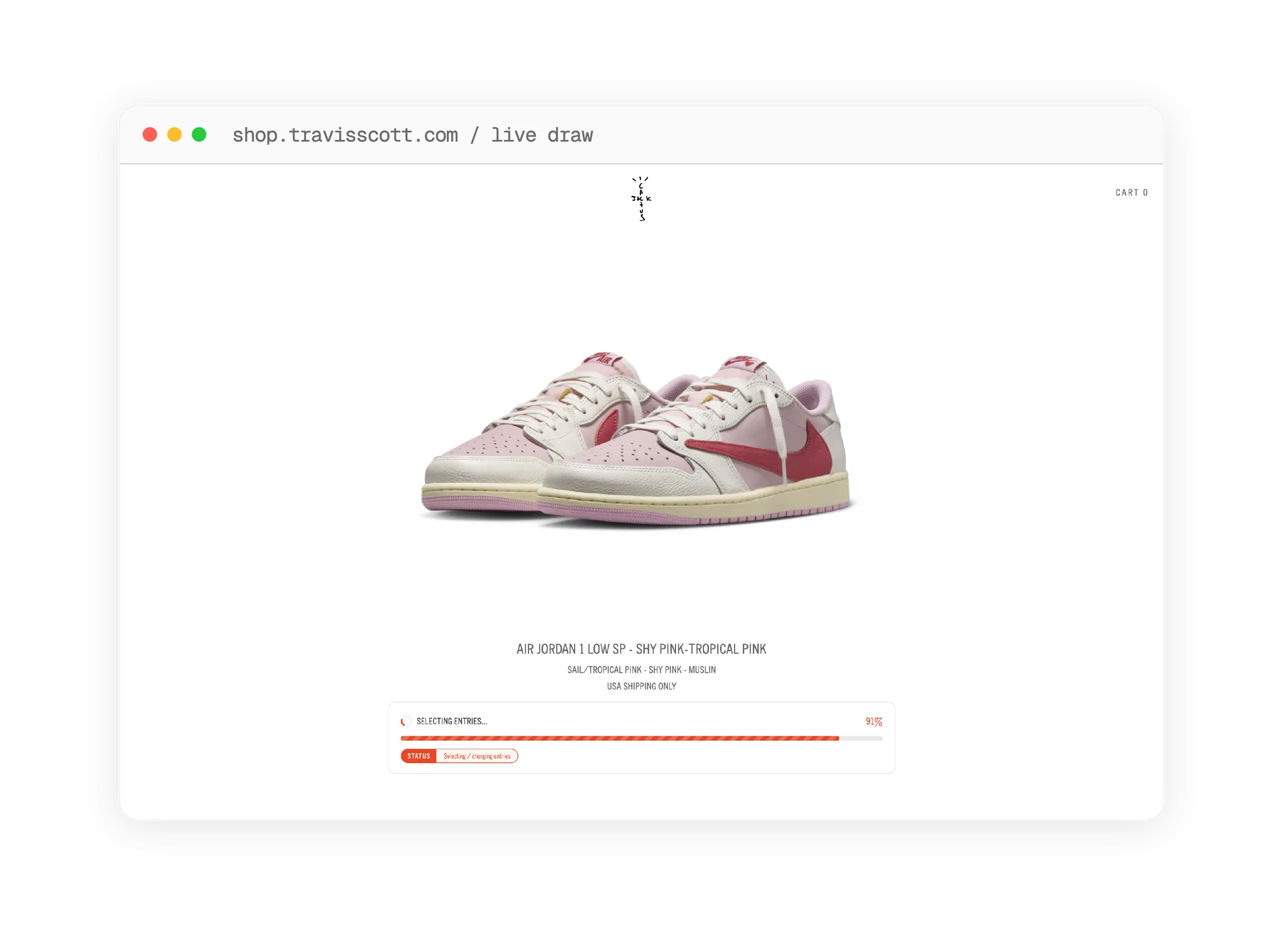 Live selection feed on shop.travisscott.com, selecting entries, 91%