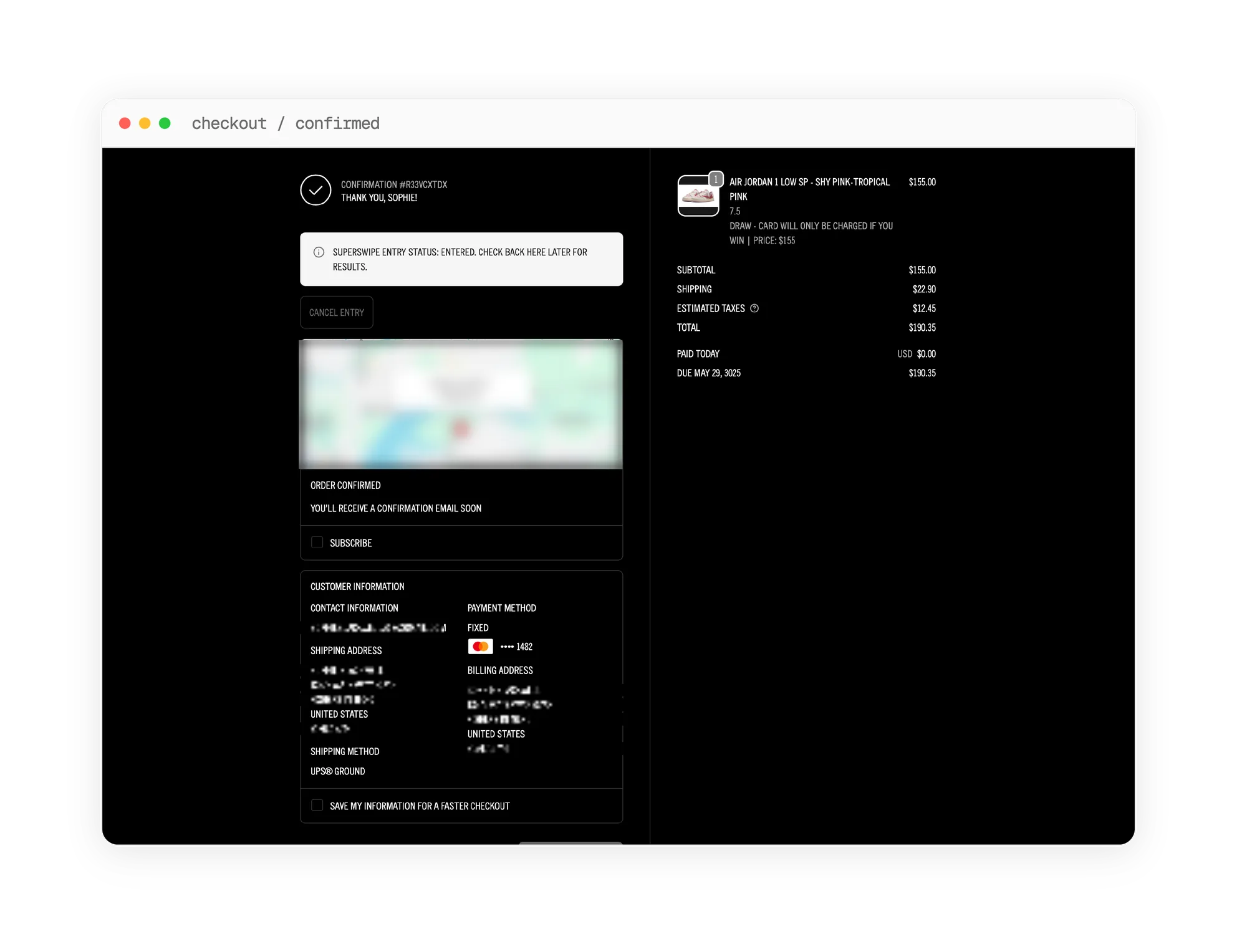 Shopify checkout confirmation, paid today $0.00