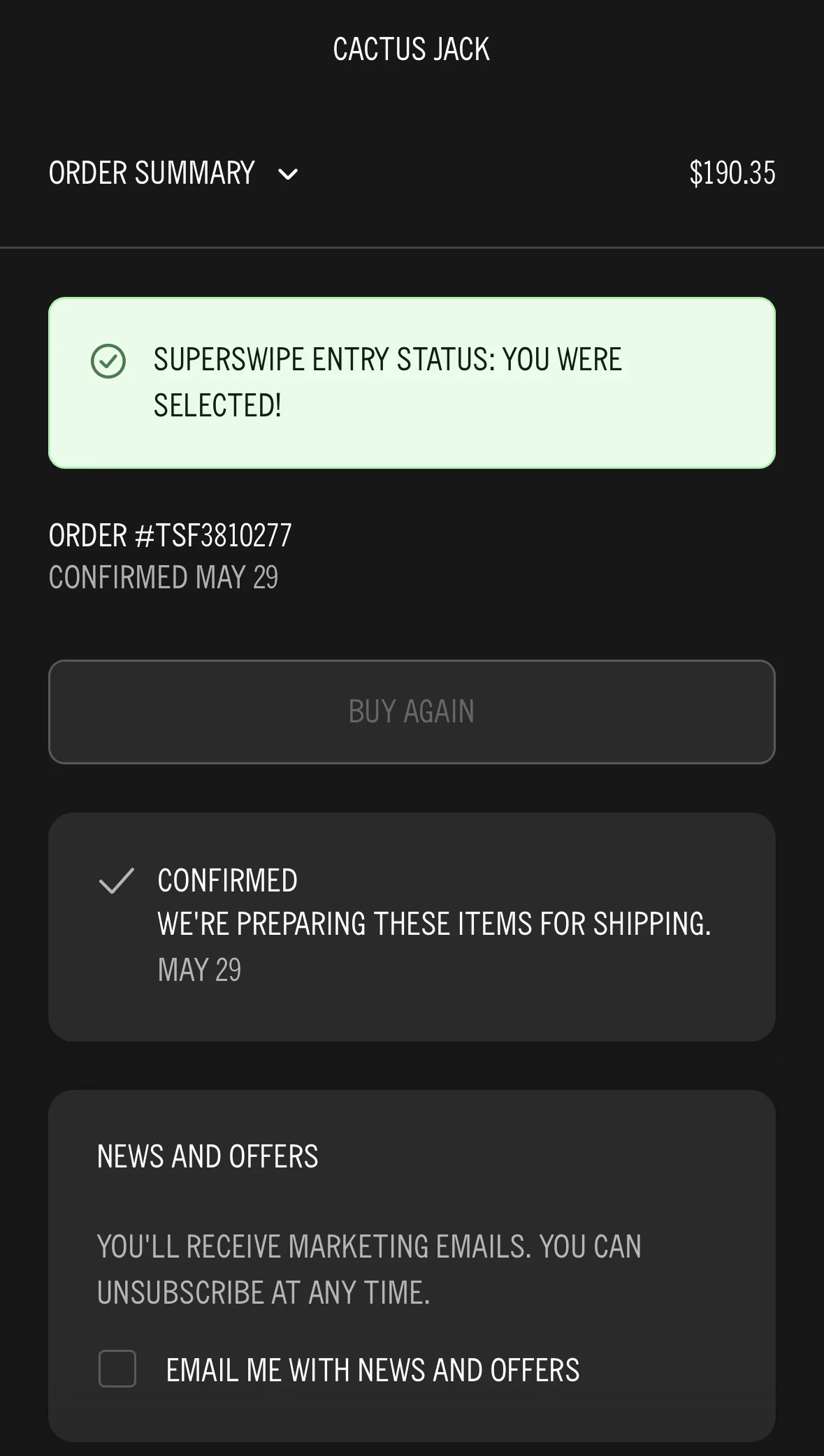 Order status, entry selected, order confirmed and preparing for shipping