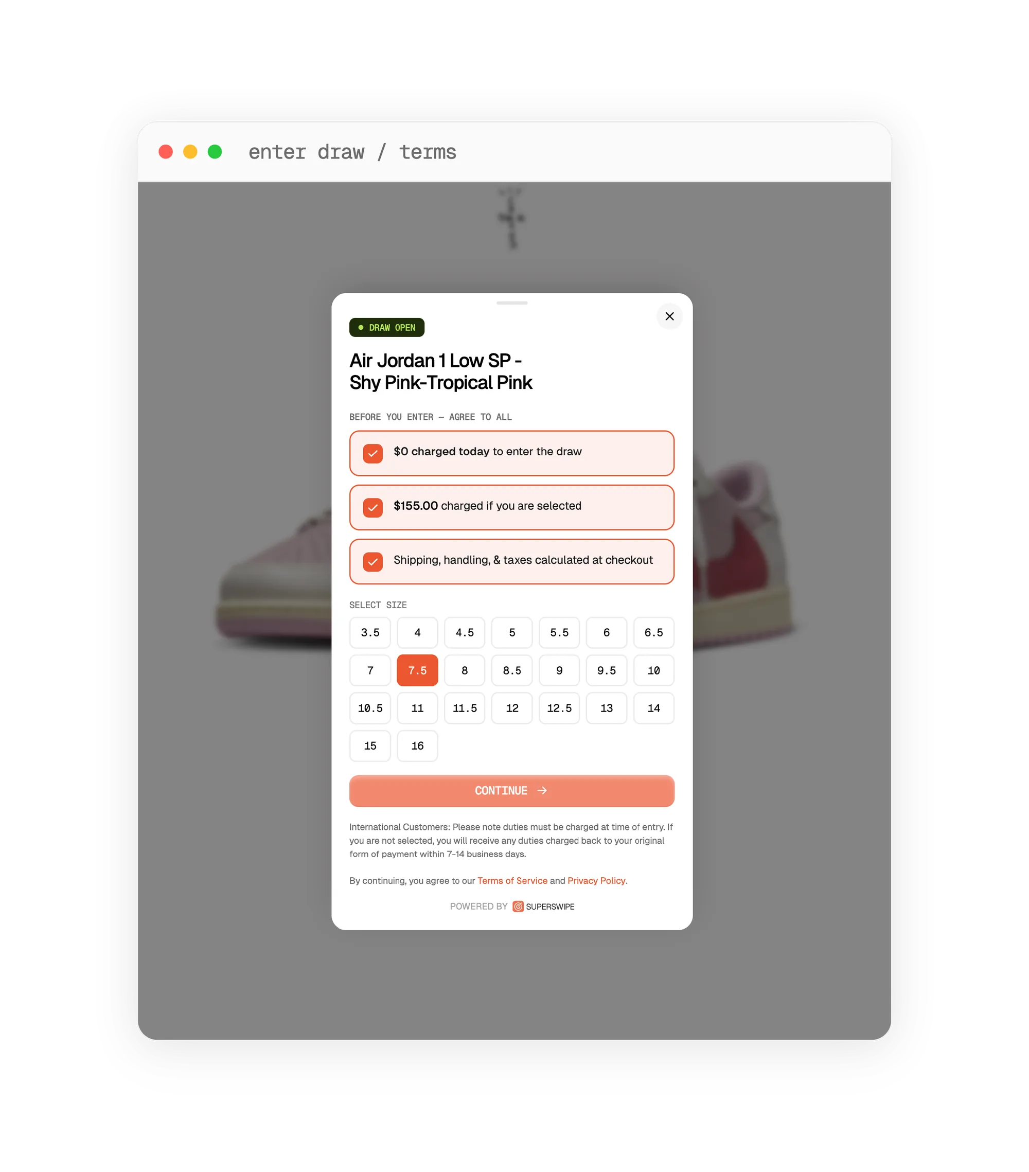 Draw terms modal, $0 today, $155 if selected, size picker
