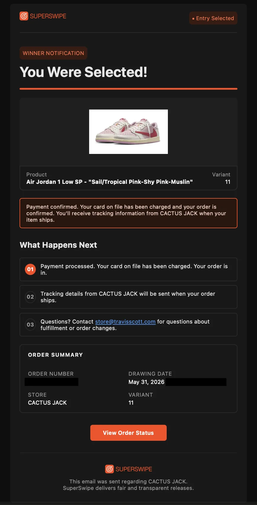 Winner notification email, You Were Selected