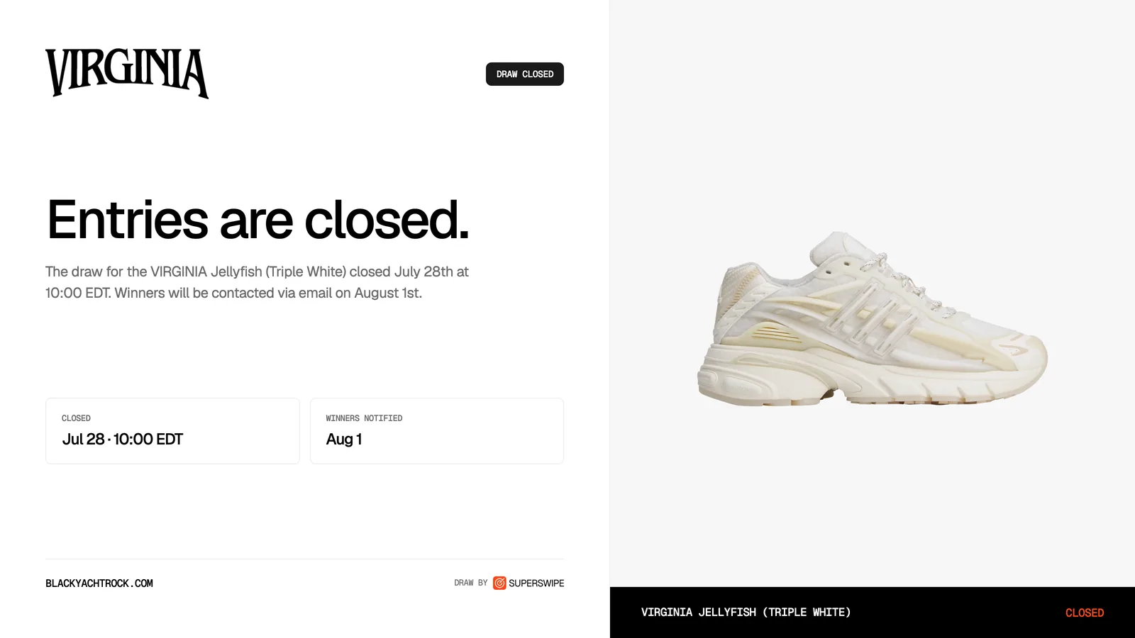 VIRGINIA branded graphic announcing the Jellyfish Triple White draw closed, winners contacted August 1