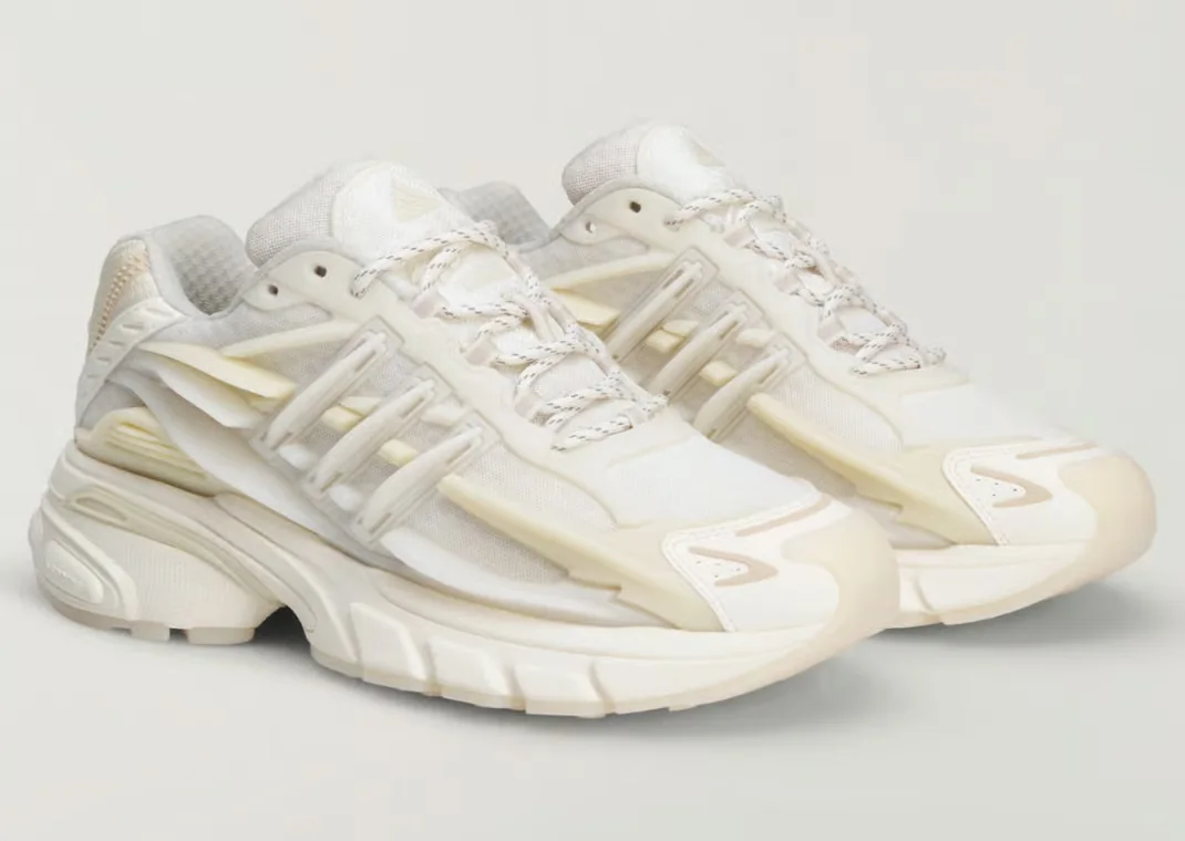 adidas Adistar Jellyfish Triple White pair in Core White and Off White, studio photography