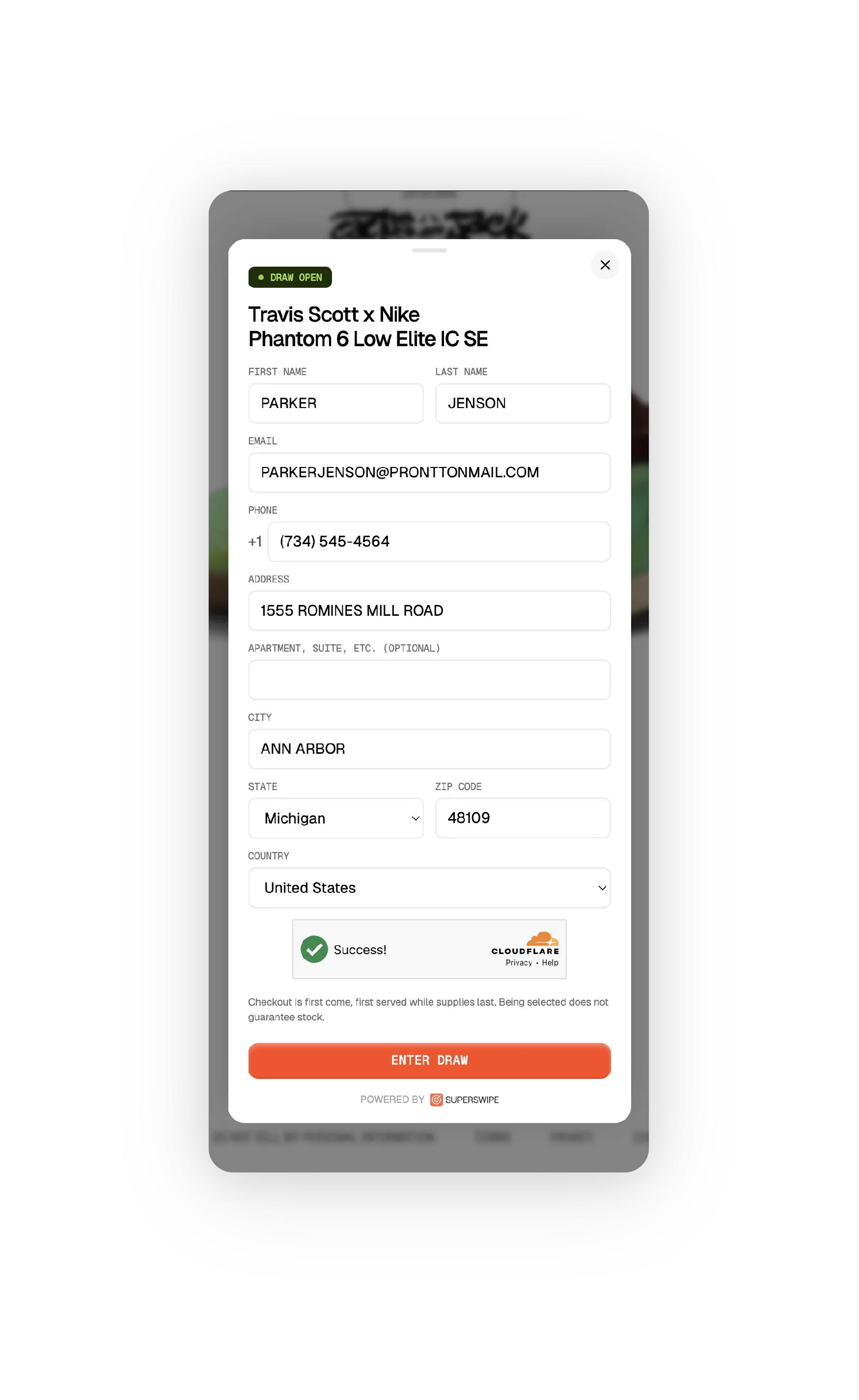 Entry form, name, email, phone, shipping. No payment method