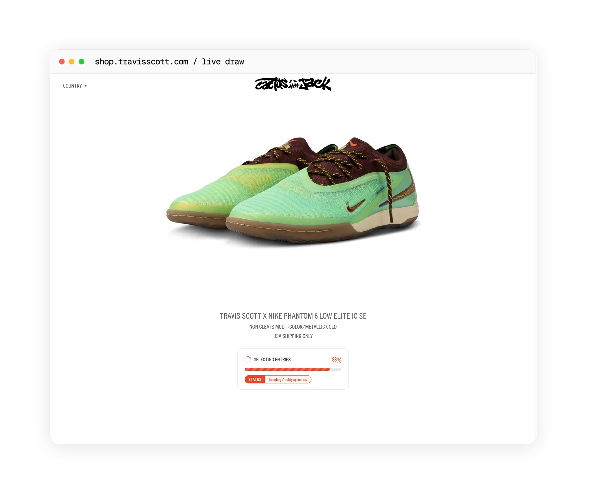 Live selection feed on shop.travisscott.com, selecting entries, 88%