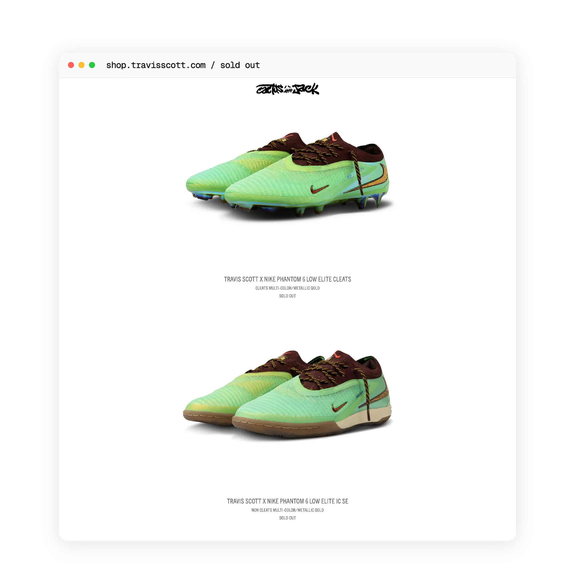 shop.travisscott.com, Cleats and IC SE sold out