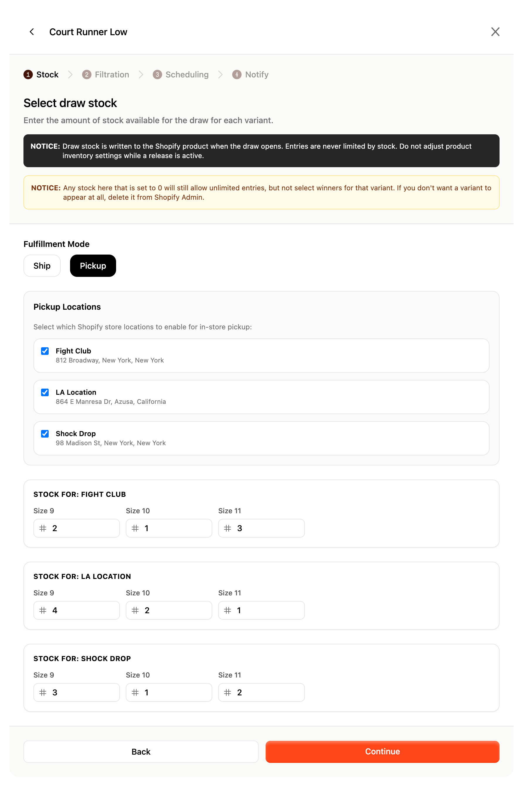 Select draw stock step in the SuperSwipe dashboard with fulfillment mode set to pickup and stock per size for three store locations