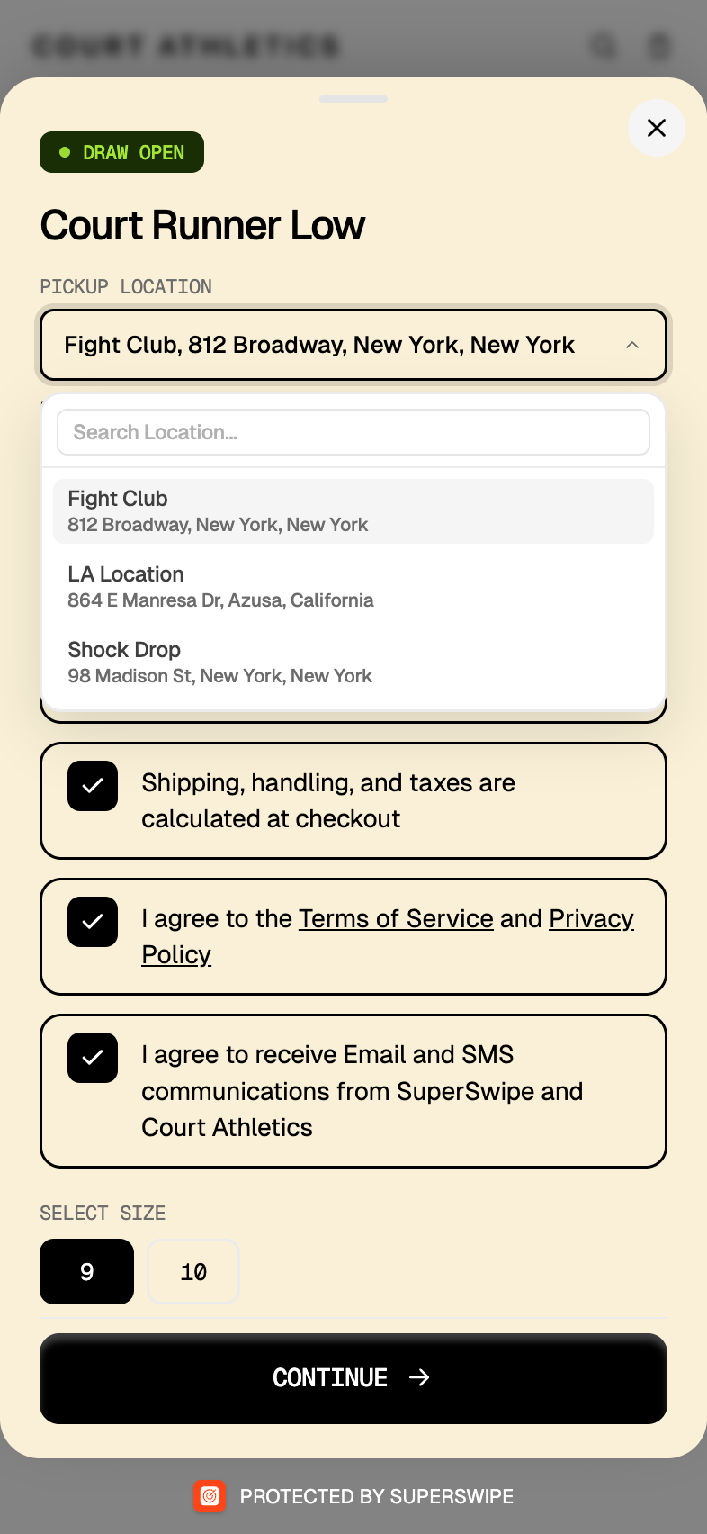 Court Runner Low draw entry modal with size 9 selected and a pickup location dropdown listing three stores