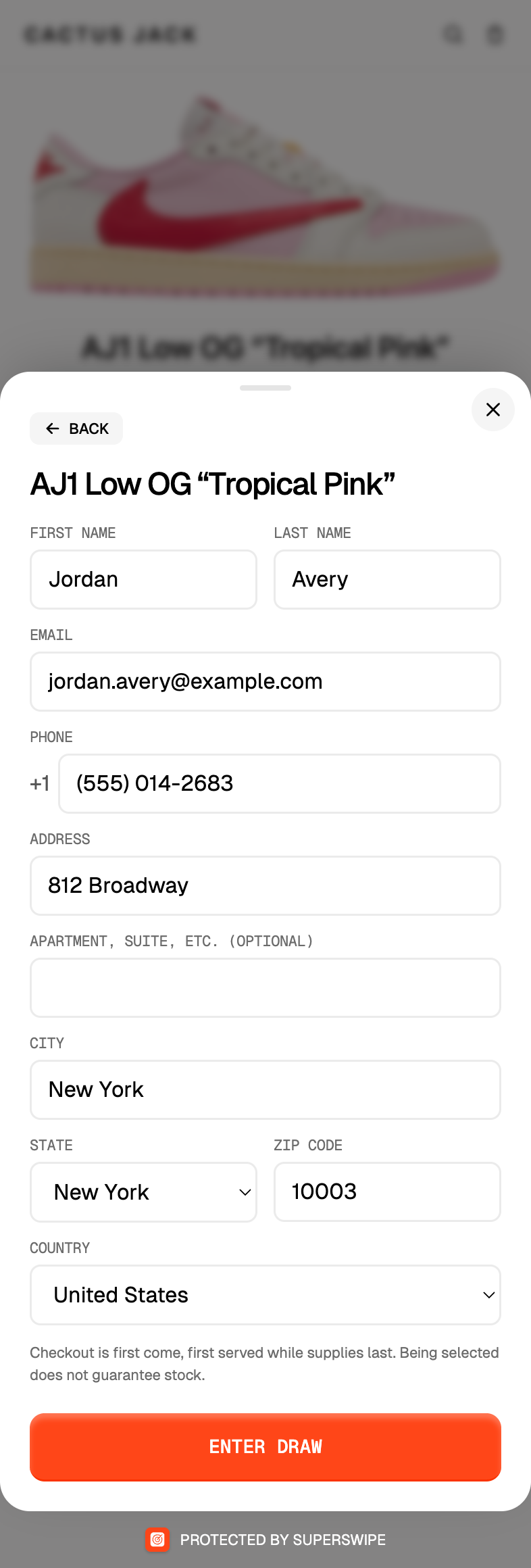 SuperSwipe entry form for the AJ1 Low OG Tropical Pink draw with name, email, phone, and address fields and an Enter Draw button