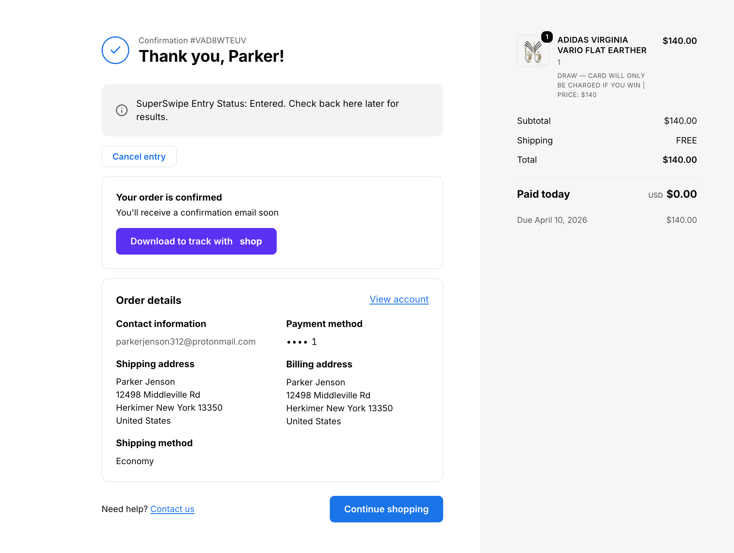 Entry confirmation page