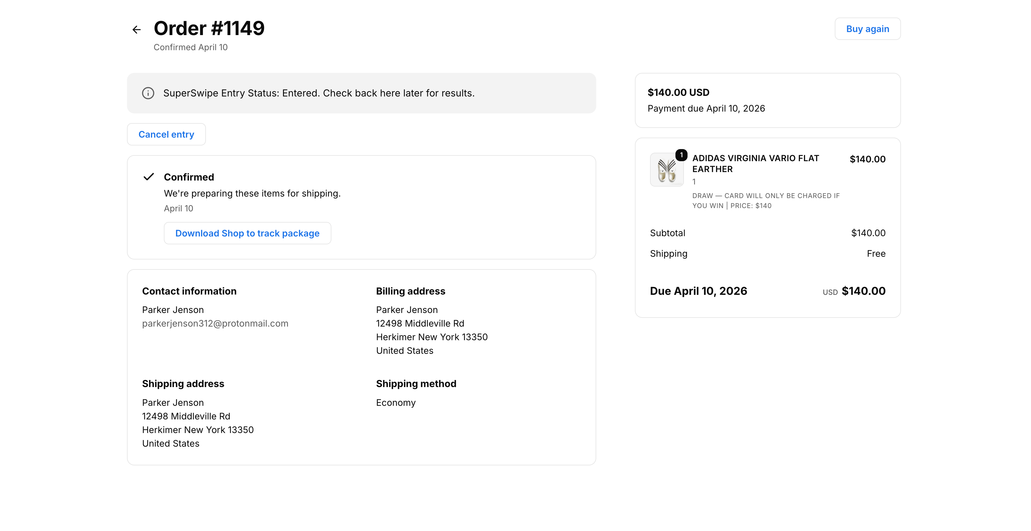 Order detail with entered status