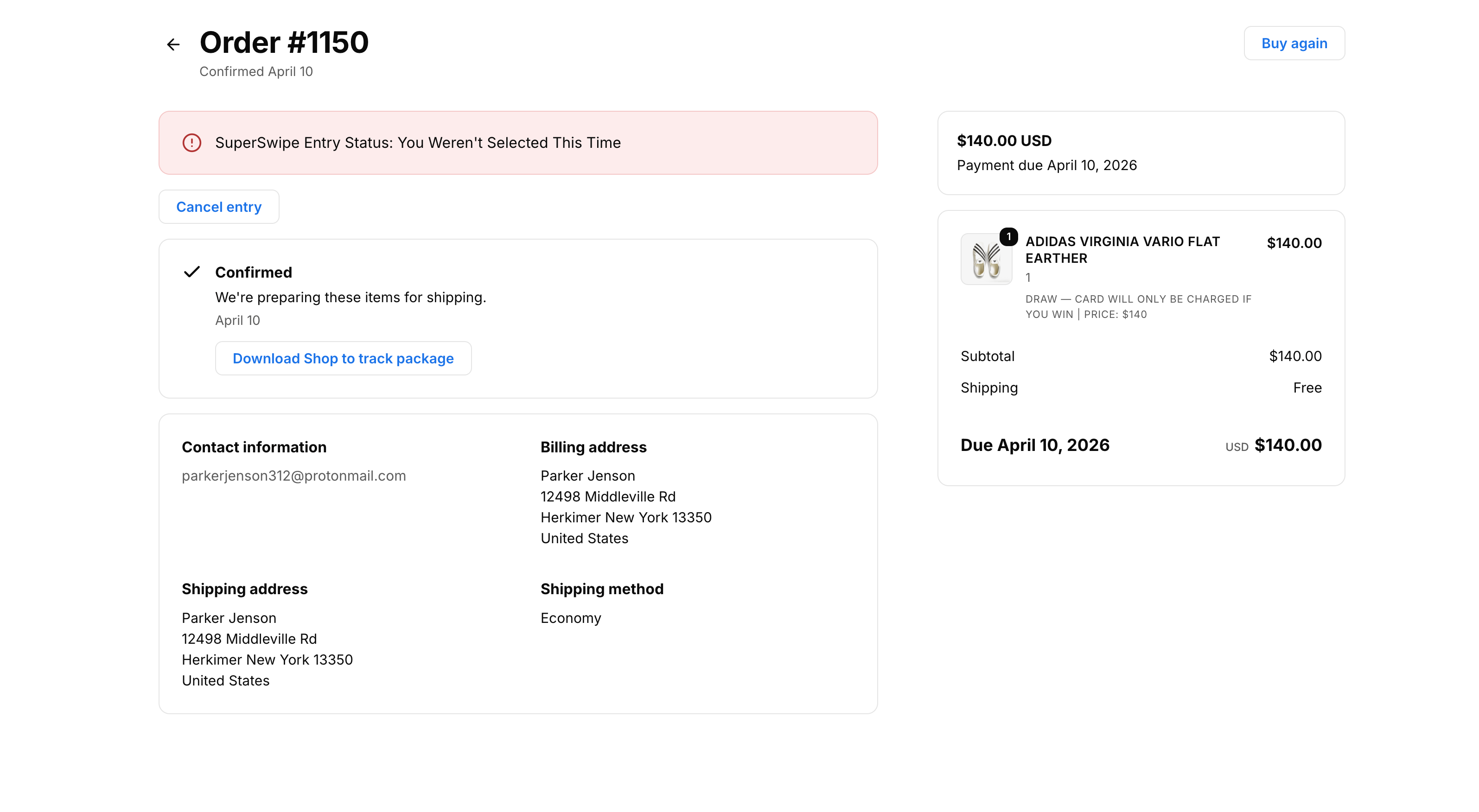 Order detail showing not selected status