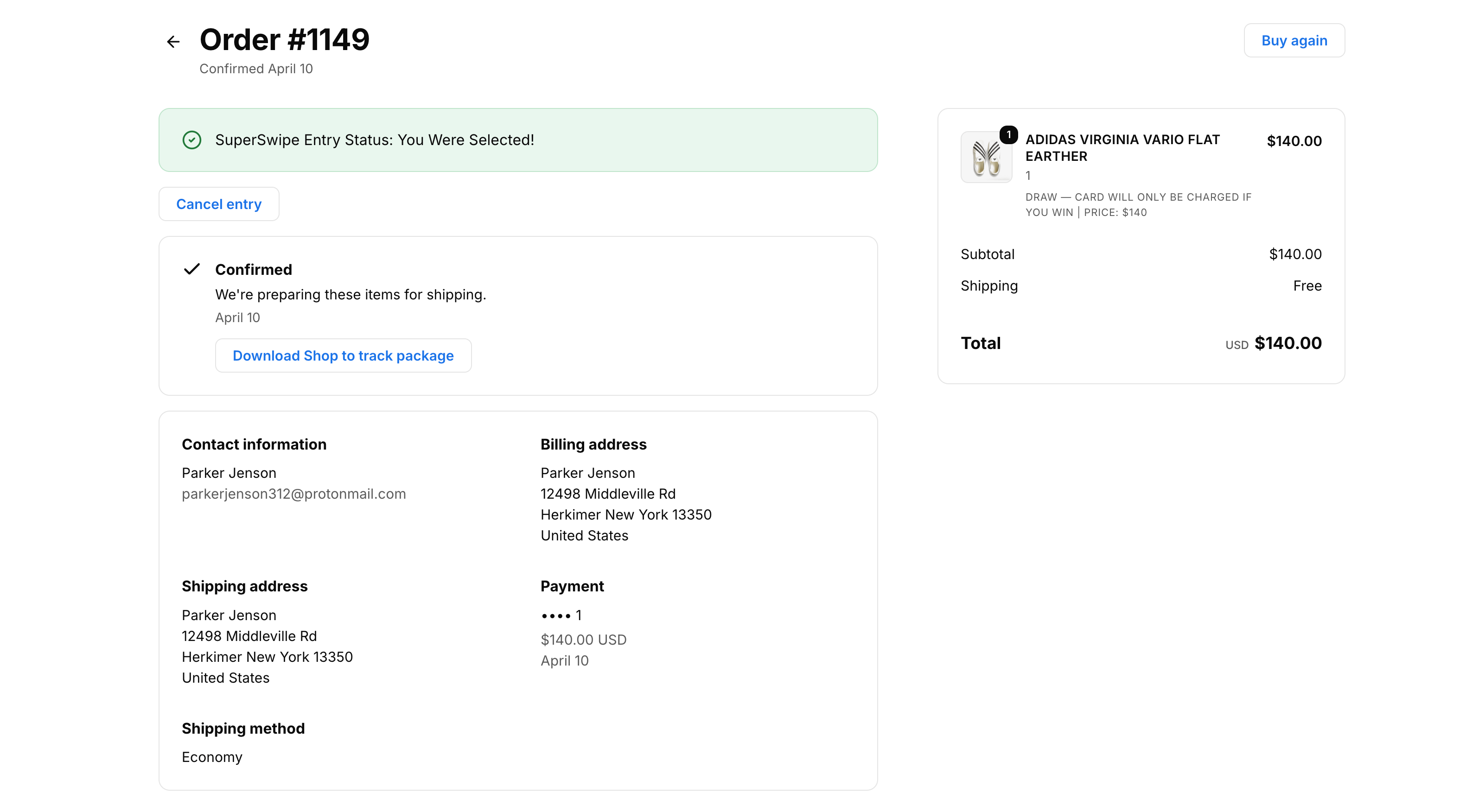 Order detail with selected status